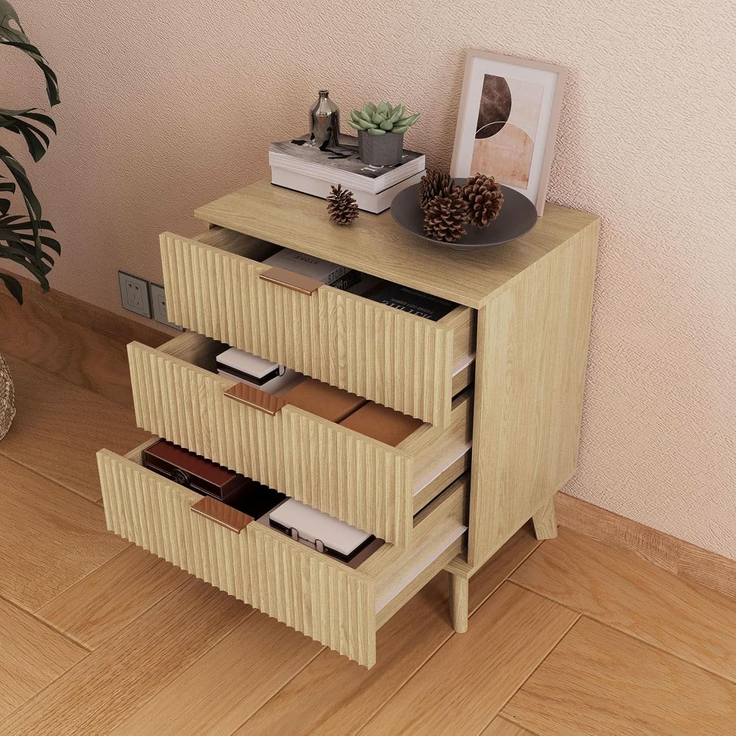 Fluted 3-Drawer Dresser — Natural Wood