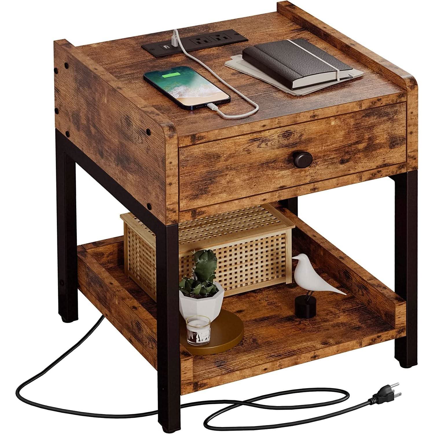 Charging Station Nightstand — Vintage Brown