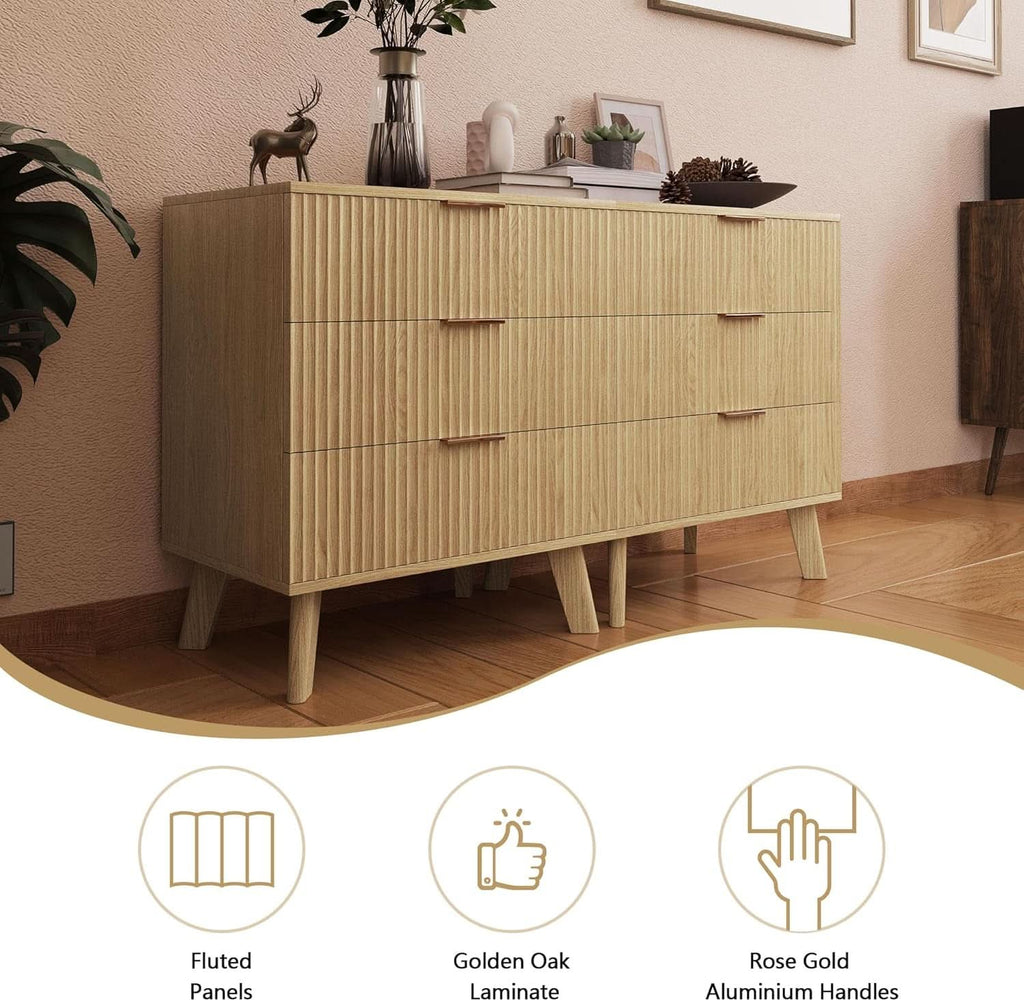 Fluted 3-Drawer Dresser — Natural Wood