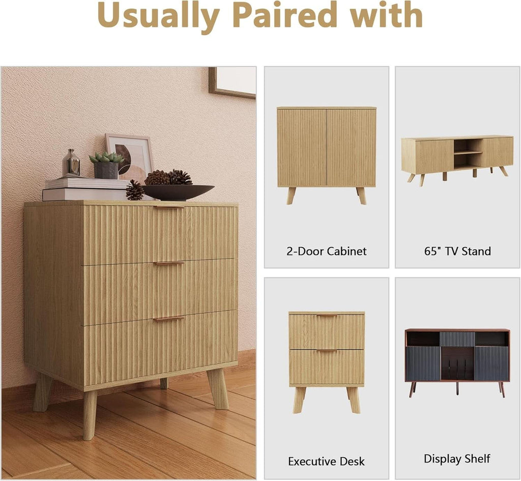 Fluted 3-Drawer Dresser — Natural Wood