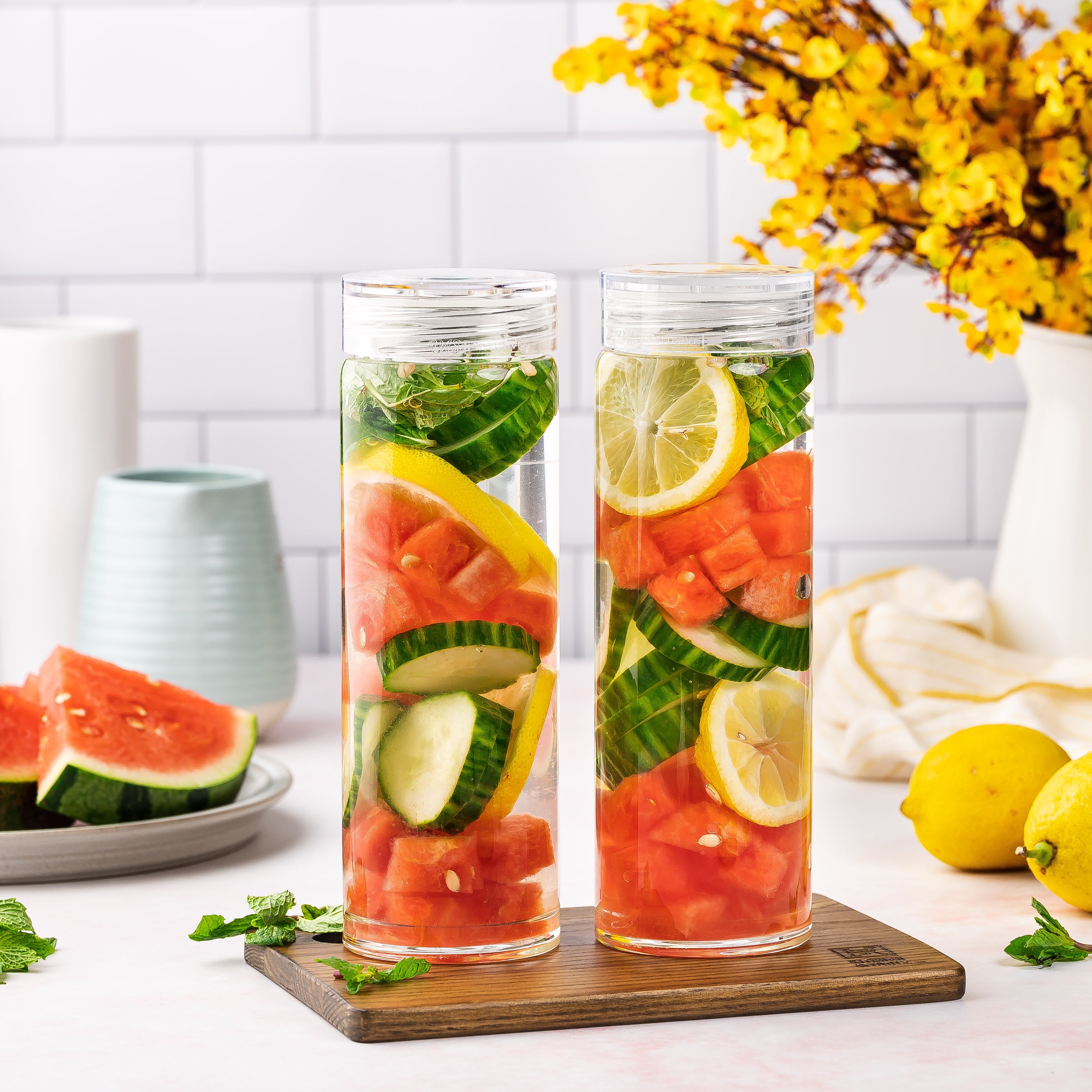 Skinny Series Glass Bottles Set w/ Crystal Clear Lids, 16 oz
