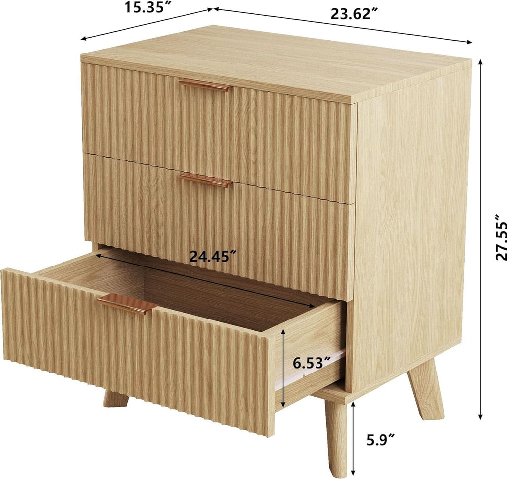 Fluted 3-Drawer Dresser — Natural Wood