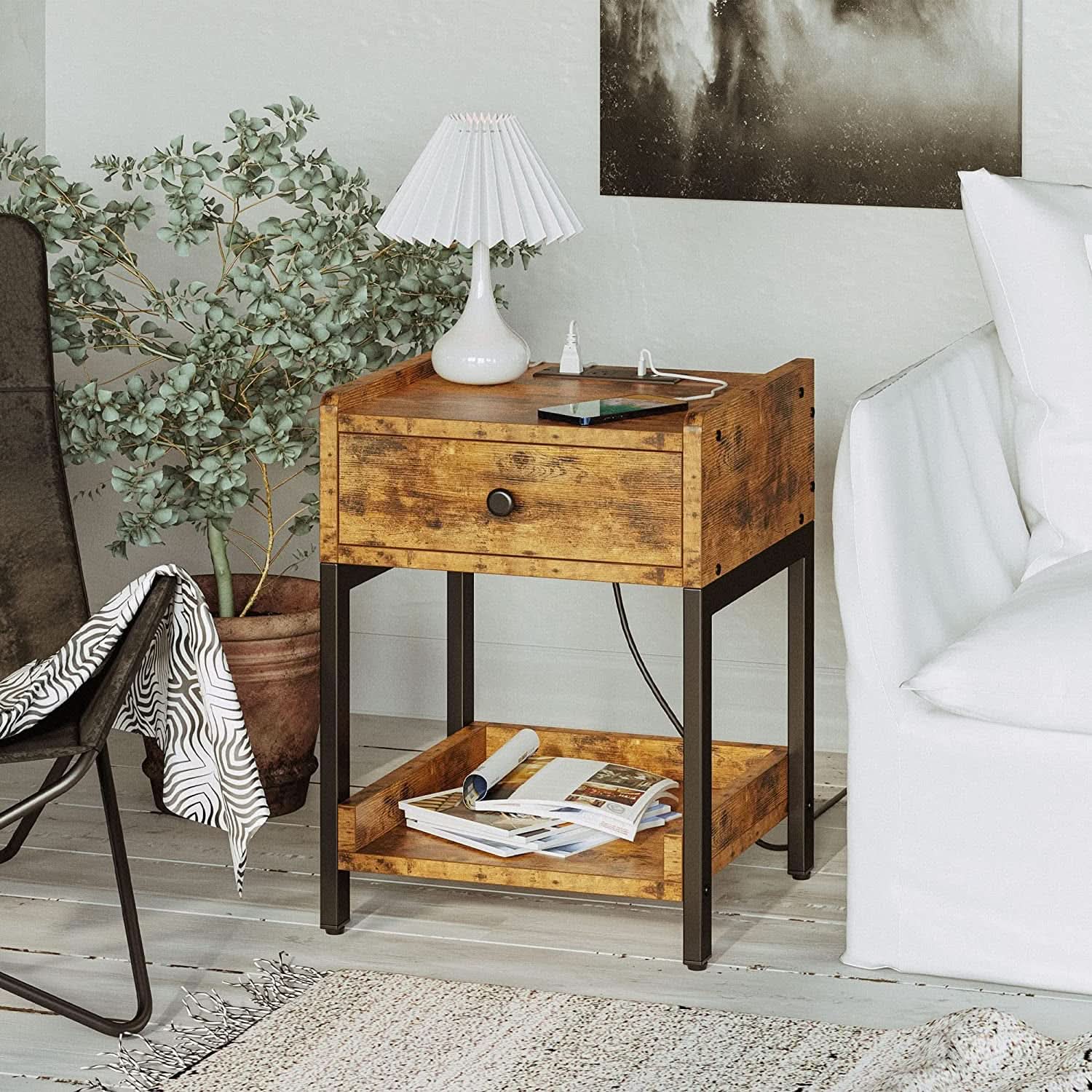 Charging Station Nightstand — Vintage Brown